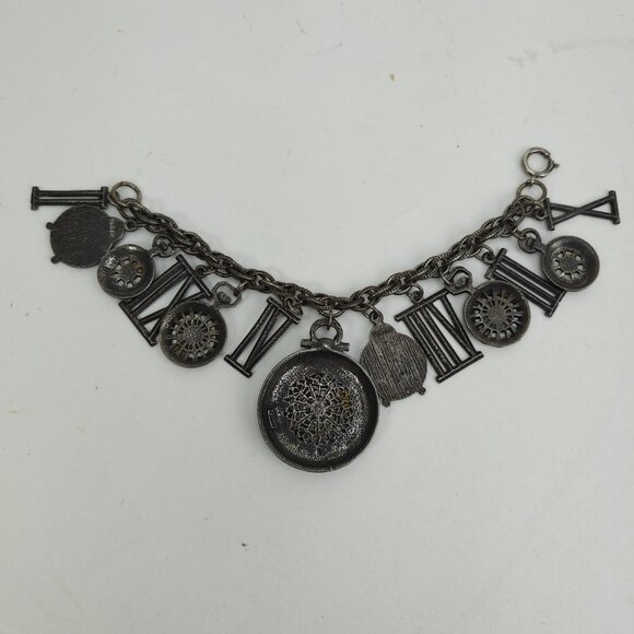 ART Arthur Pepper 13 Timepiece Clock Charm Bracelet Silver Tone Chunky 7.5" VTG - Picture 7 of 15